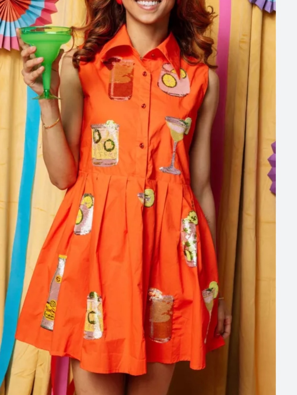QUEEN OF SPARKLES Sequin Tequila Drink Icon collared mini dress orange size XS